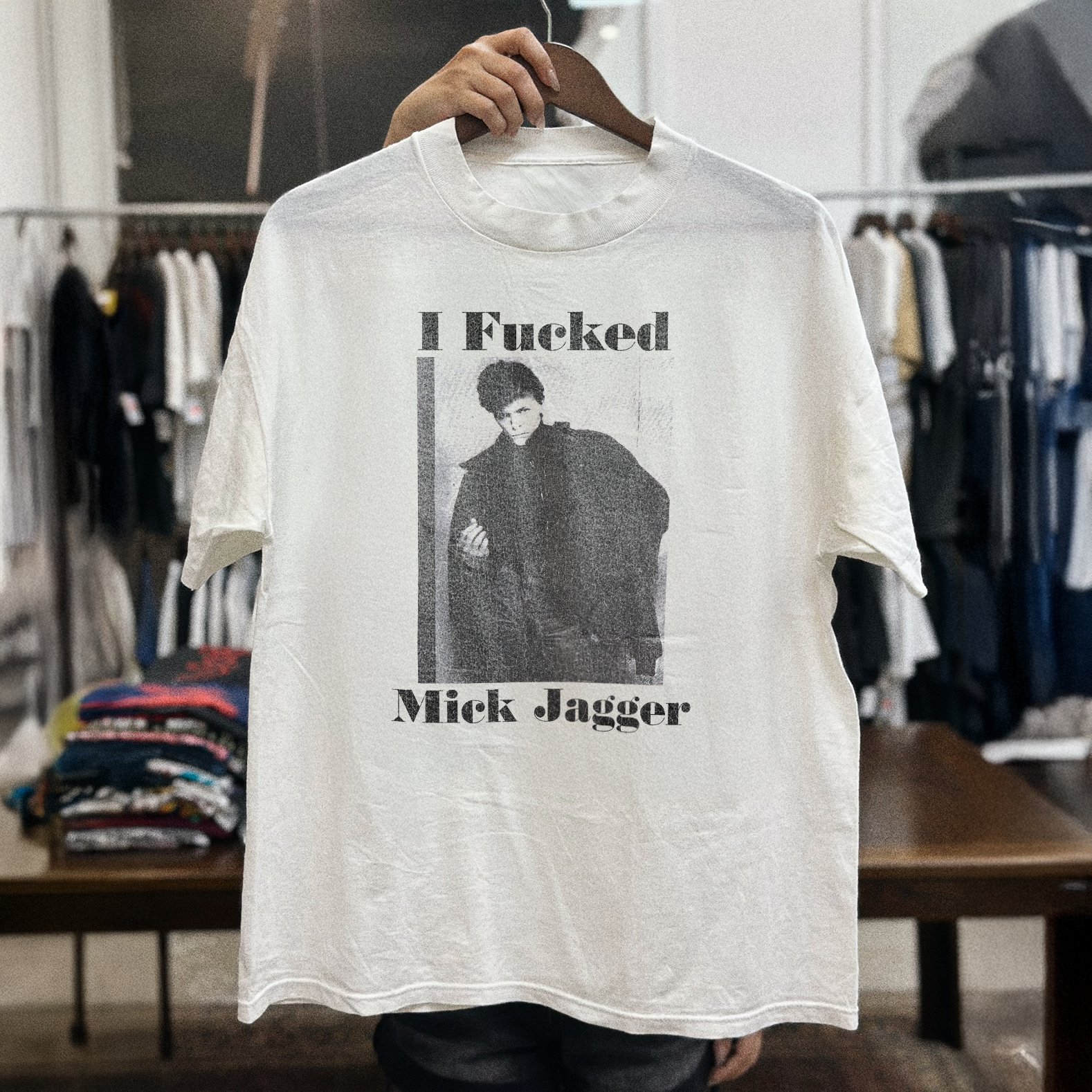 I F**KED MICK JAGGER DAVID BOWIE *90s ENERGY* LIMITED WHITE T-SHIRT